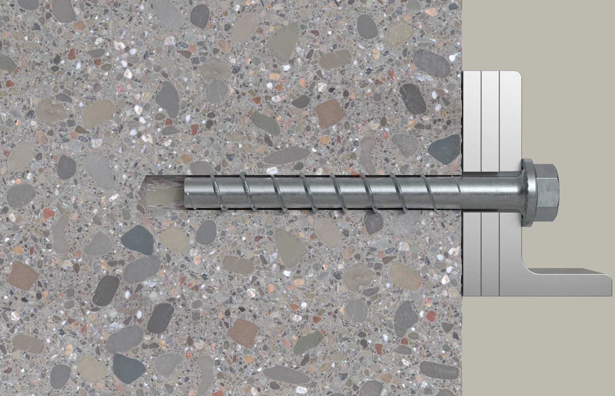 Ein Stahlankerschraubbolzen mit Spiralgewinde ist in eine Betonplatte eingebettet und an einer rechtseitigen Metallhalterung befestigt.