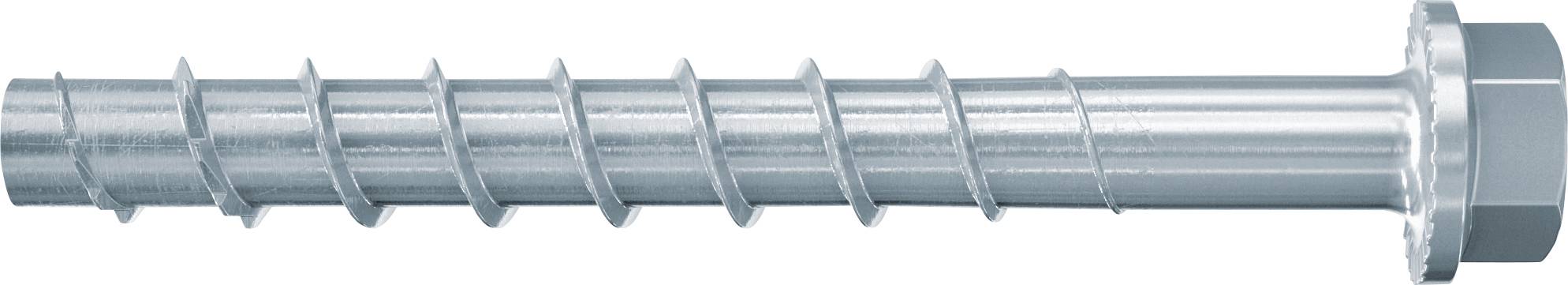 Eine metallische Wendel-Schraube oder Schneckenwelle mit Schraubenkopf, horizontal auf weißem Hintergrund dargestellt.