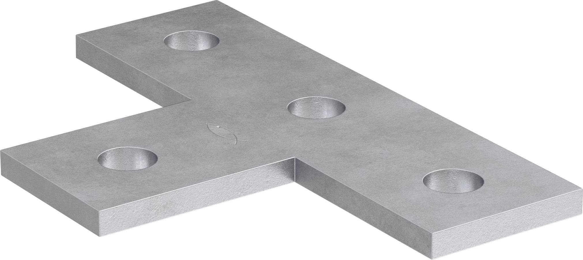 Metallisches T-förmiges Blech mit vier kreisförmigen Schraubenlöchern, dargestellt in einer 3D-Produktansicht auf weißem Hintergrund.