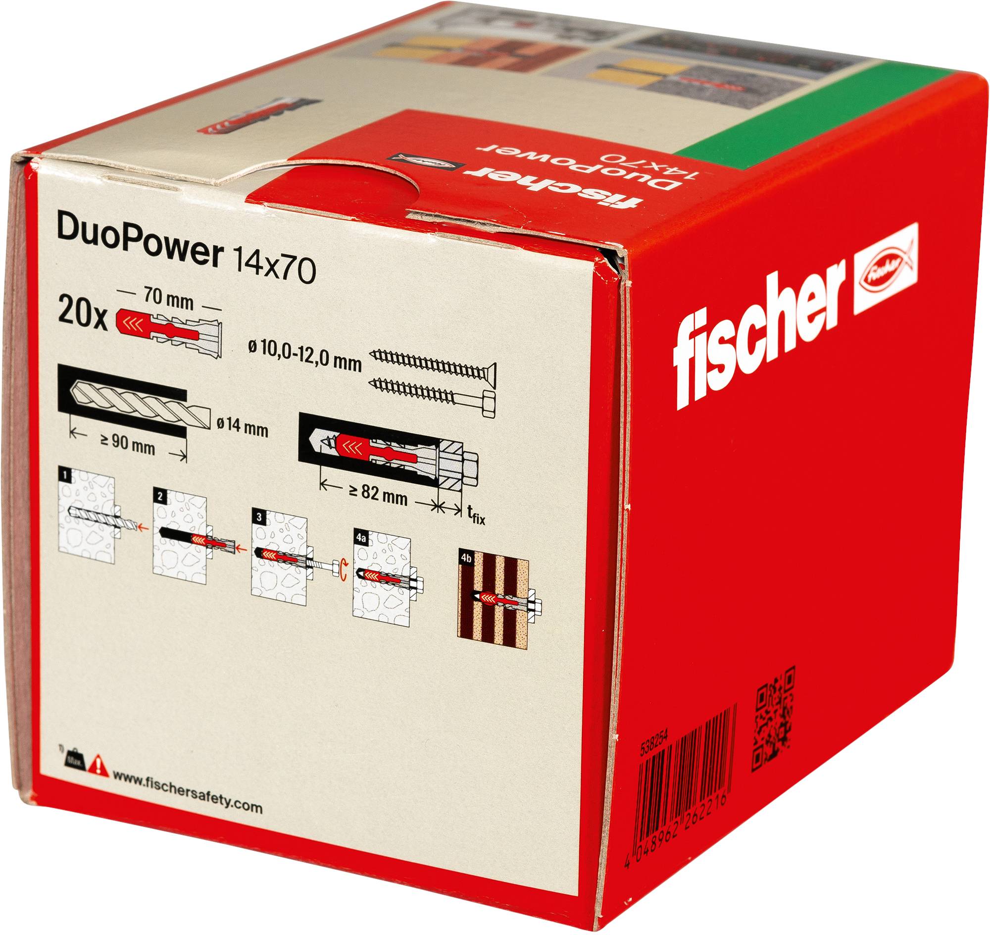Karton mit Fischer DuoPower Dübeln, Größe 14x70 mm, mit Gebrauchsanweisungen und Messwerten in Diagrammen.
