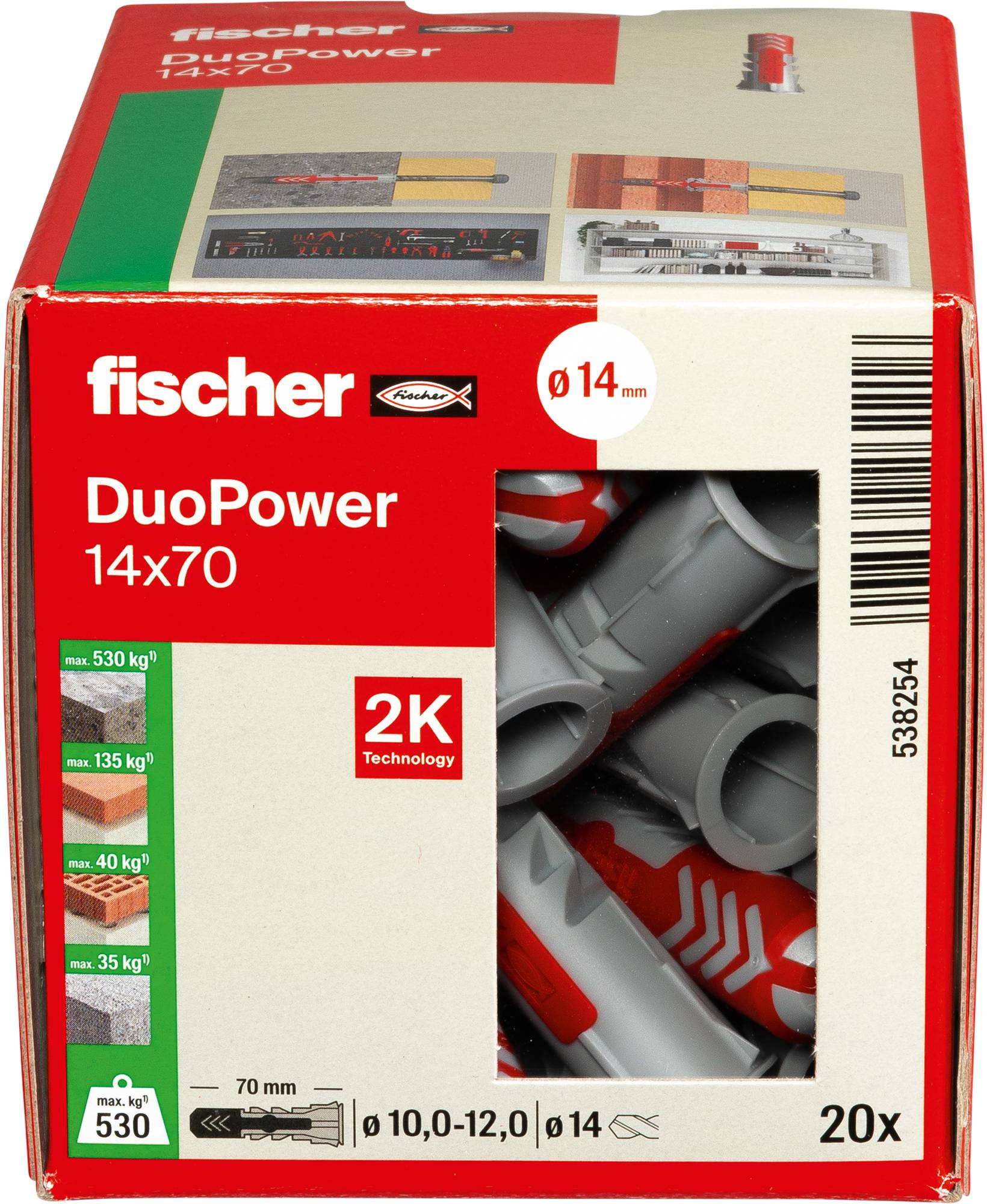 Packung Fischer DuoPower Dübel, Größe 14x70 mm, mit Angaben zur Tragfähigkeit und 2K-Technologie mit einem Bild der Dübel im Inneren.