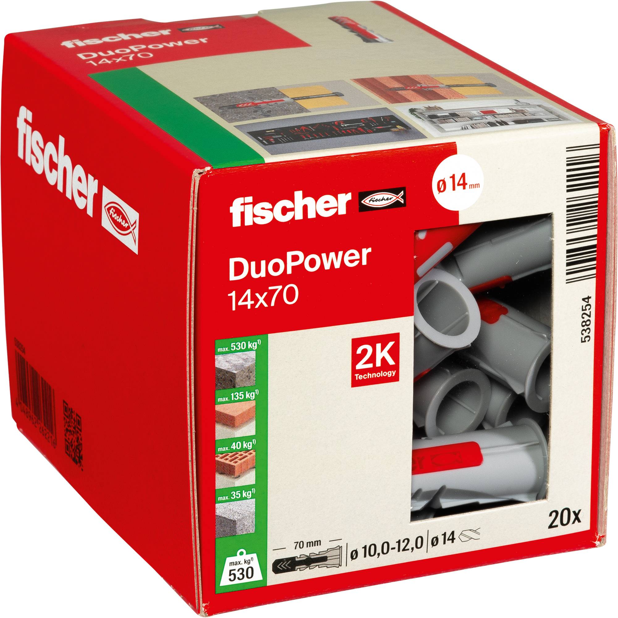 'Fischer DuoPower 14x70' Dübel in Rot und Grau, 20er-Pack. Die Verpackung zeigt verschiedene Bohrlochdurchmesser und Gewichtstragekapazitäts-Symbole.