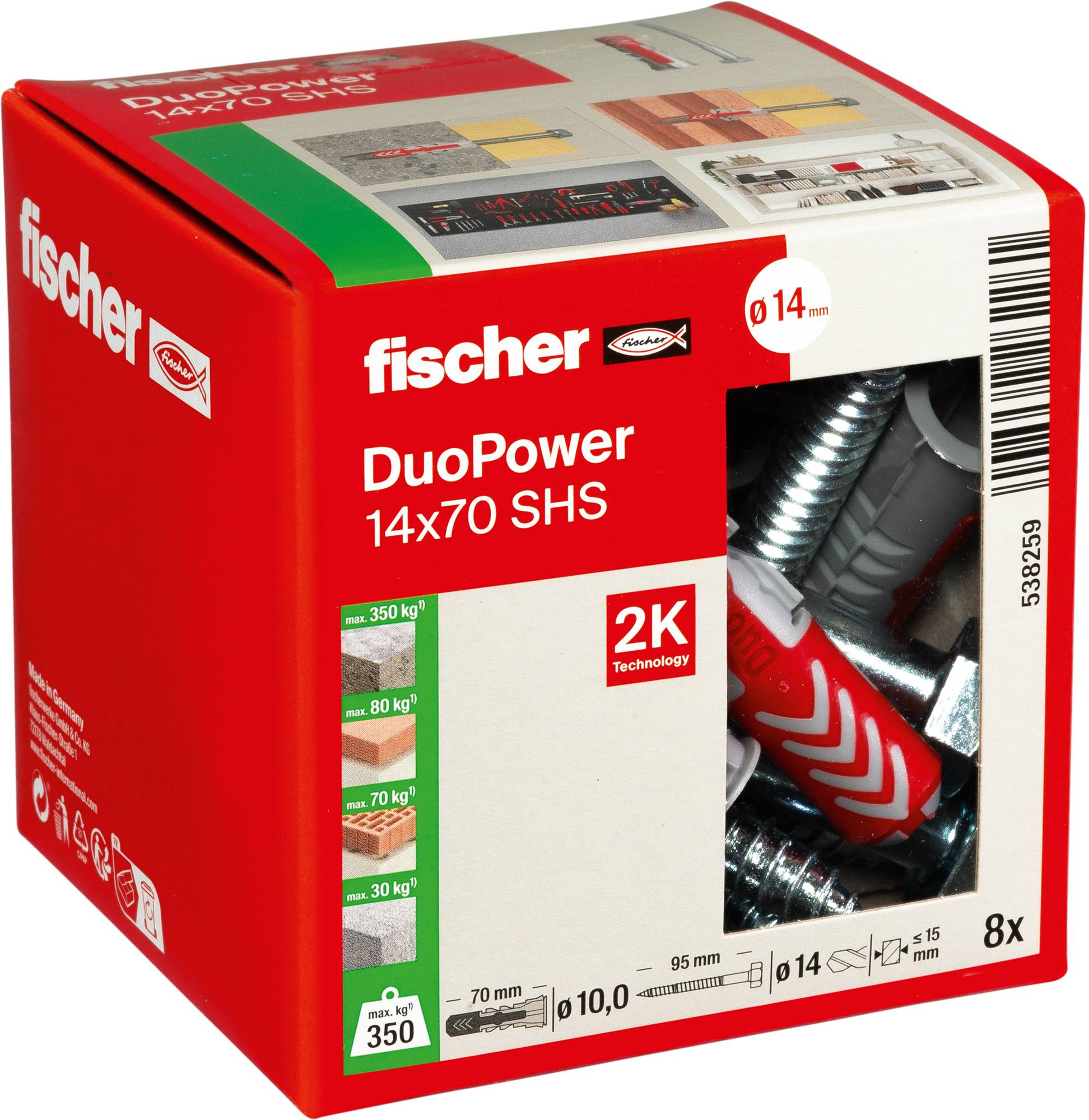 Fischer DuoPower 14x70 SHS Verpackung mit Wanddübeln. Features beinhalten 2K-Technologie, 350 kg Traglast und 8 Stück pro Verpackung.