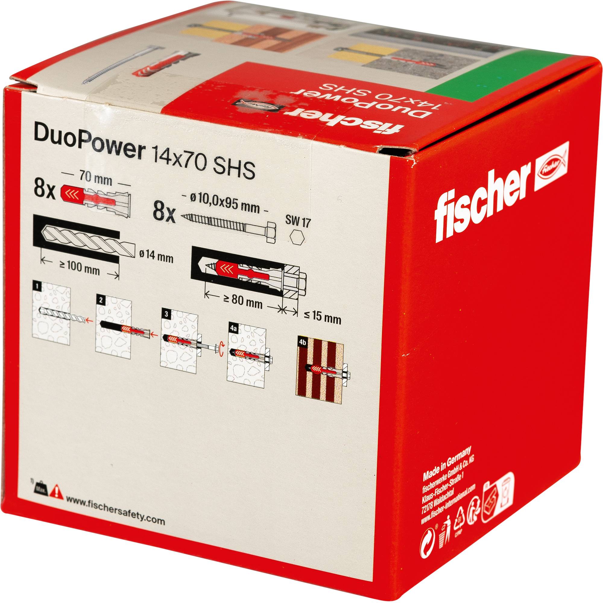 Das Bild zeigt eine rote Fischer DuoPower-Box für 14x70 SHS. Illustrierte Anweisungen detaillieren Schraub- und Bohrgrößen: 10x95-mm-Schraube, 14-mm-Bohrer, mit Diagrammen für Wandinstallationen.