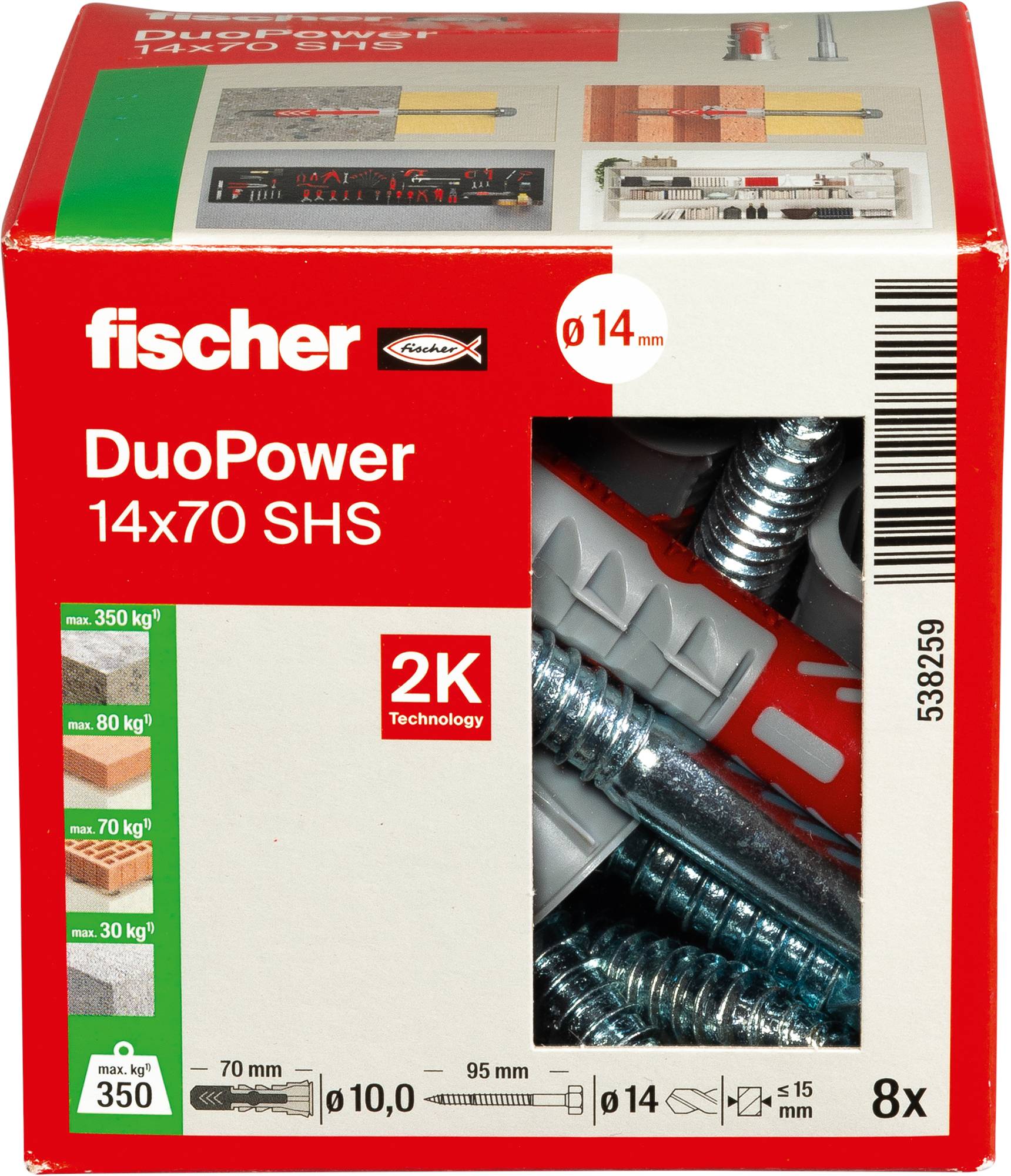 'Fischer DuoPower 14x70 SHS' Verpackung mit Wandsteckern für Schrauben, die Traglasten bis zu 350 kg im Mauerwerk und 70 kg in Gipskartonplatten unterstützen.