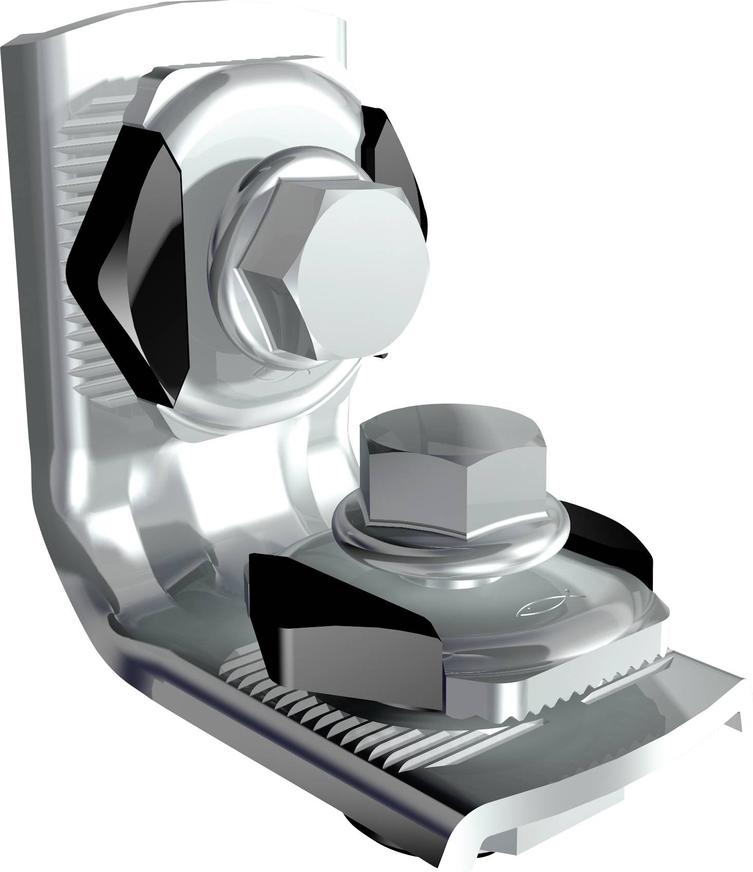 Nahaufnahme-3D-Rendering von zwei Metallschrauben und Muttern, die eine Halterung sichern und eine mechanische Befestigungsgruppe darstellen.