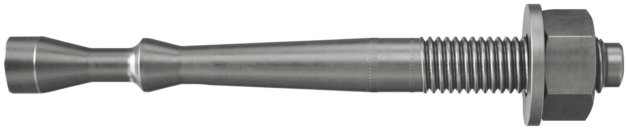 Metallverstärkter Ankerschraubbolzen mit Gewinde, Unterlegscheibe und Sechskantmutter, horizontal auf weißem Hintergrund dargestellt.