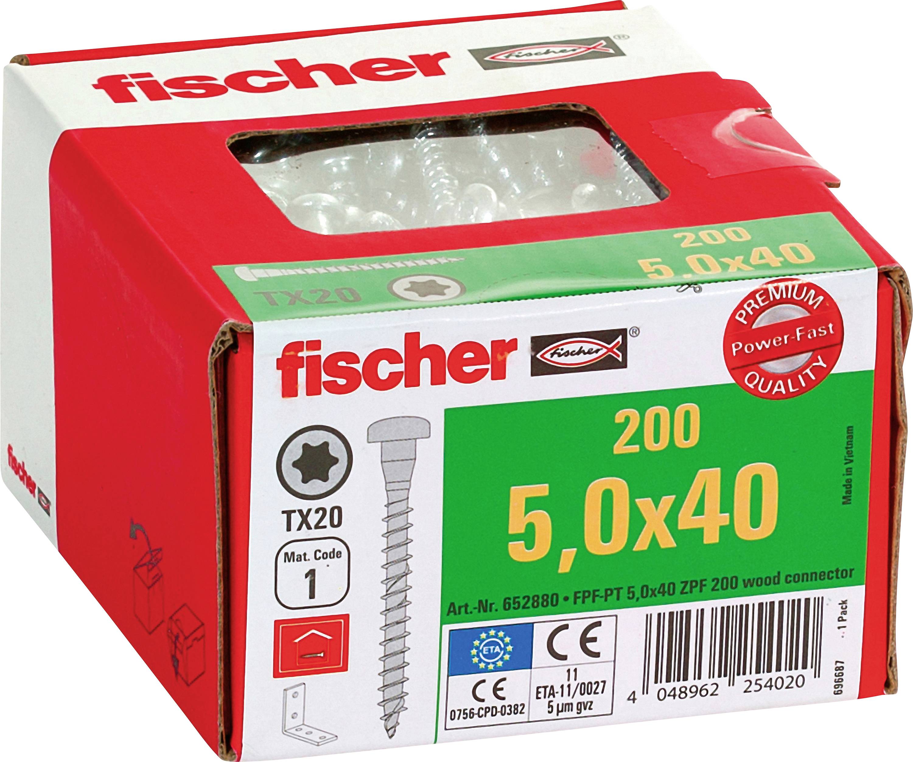 Red Fischer Karton mit 200 TX20 5,0x40 Holzverbinder/Schrauben mit transparentem Fenster zur Sichtbarkeit des Inhalts.