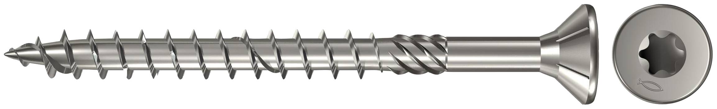 Eine Metallschraube mit versenktem Kopf, dargestellt in der Seitenansicht, mit einer separaten Draufsicht der sternförmigen Antriebsausnehmung.