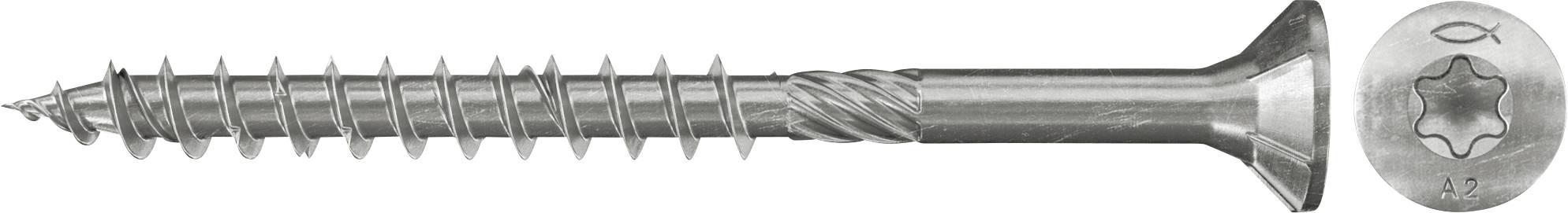 Metallschraube mit Senkkopf und Torx-Antrieb, Seitenansicht dargestellt mit einer Vergrößerung des Kopfes rechts.