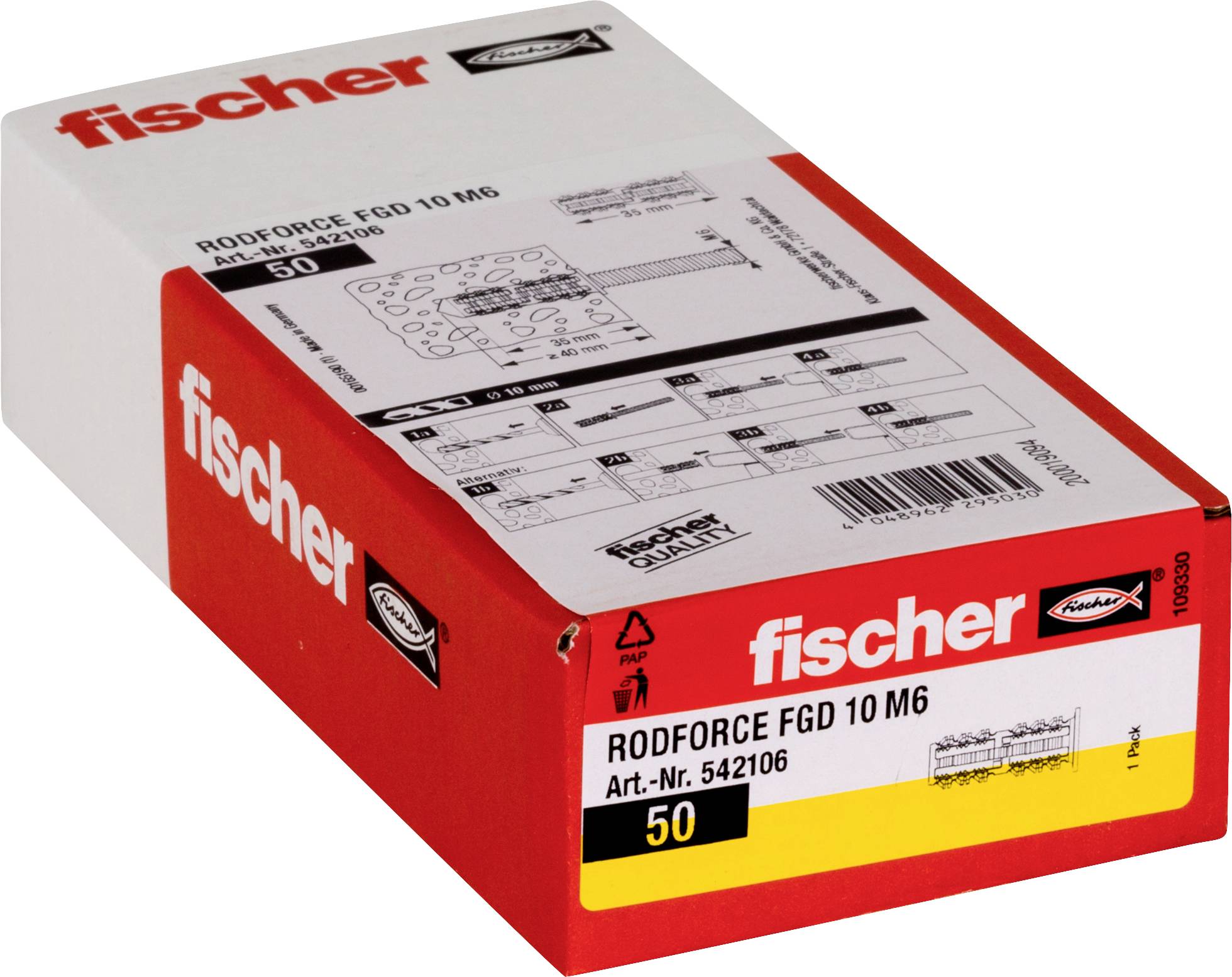 Eine rot-weiße Fischer-Schachtel mit RODFORCE FGD 10 M6 Ankern, mit der Bezeichnung „50
