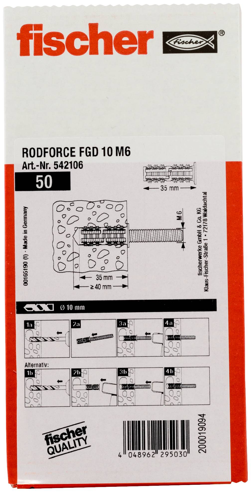 Verpackung für fischer REDBOX FGD 10 M6 Wanddübel, zeigt Produktcode, ein Montagediagramm und Menge 50.