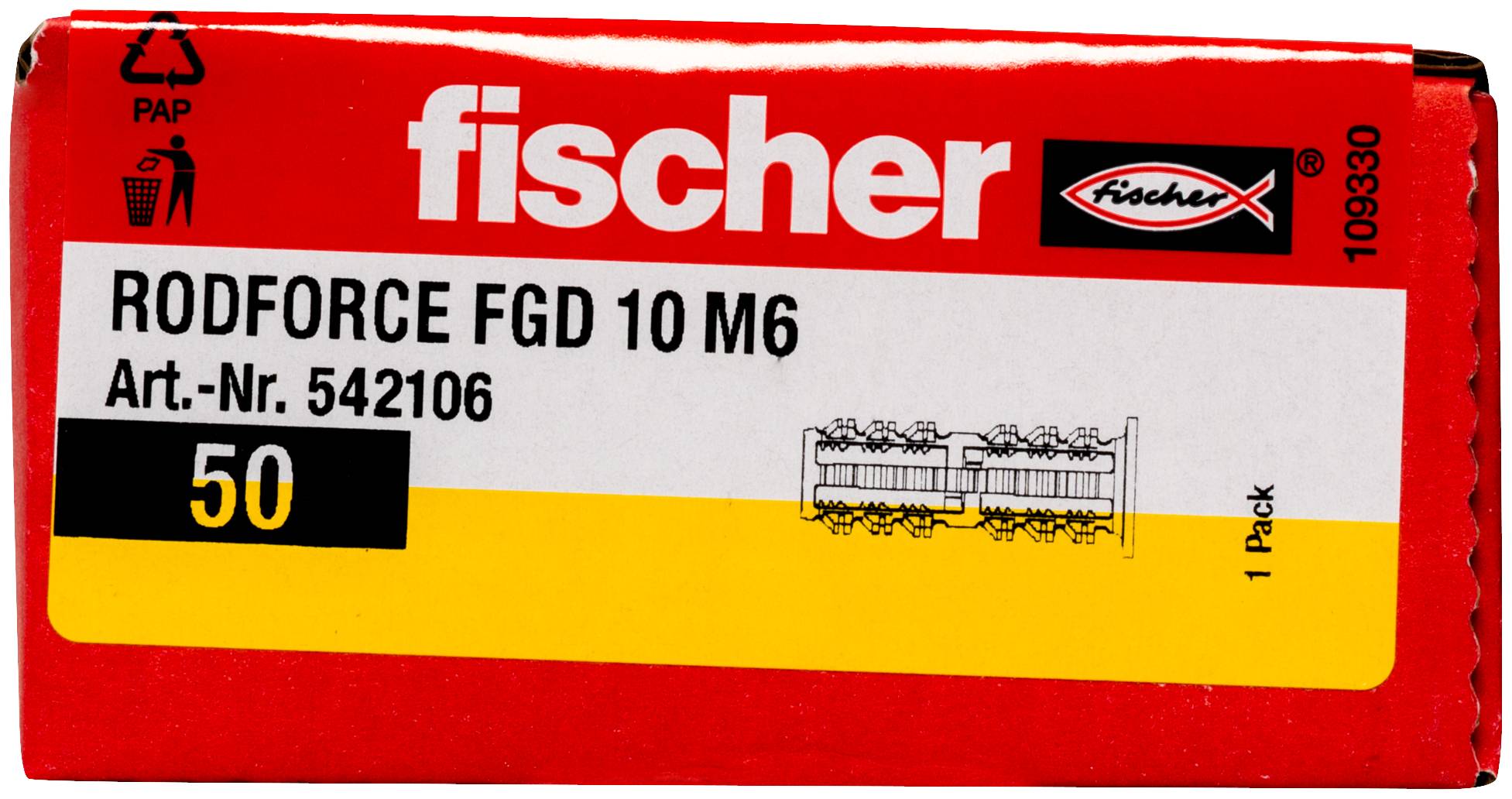 Red Fischer Hardwarepaket mit der Bezeichnung „fischer RODFORCE FGD 10 M6" mit Artikelnummer 542106 und Menge 50.