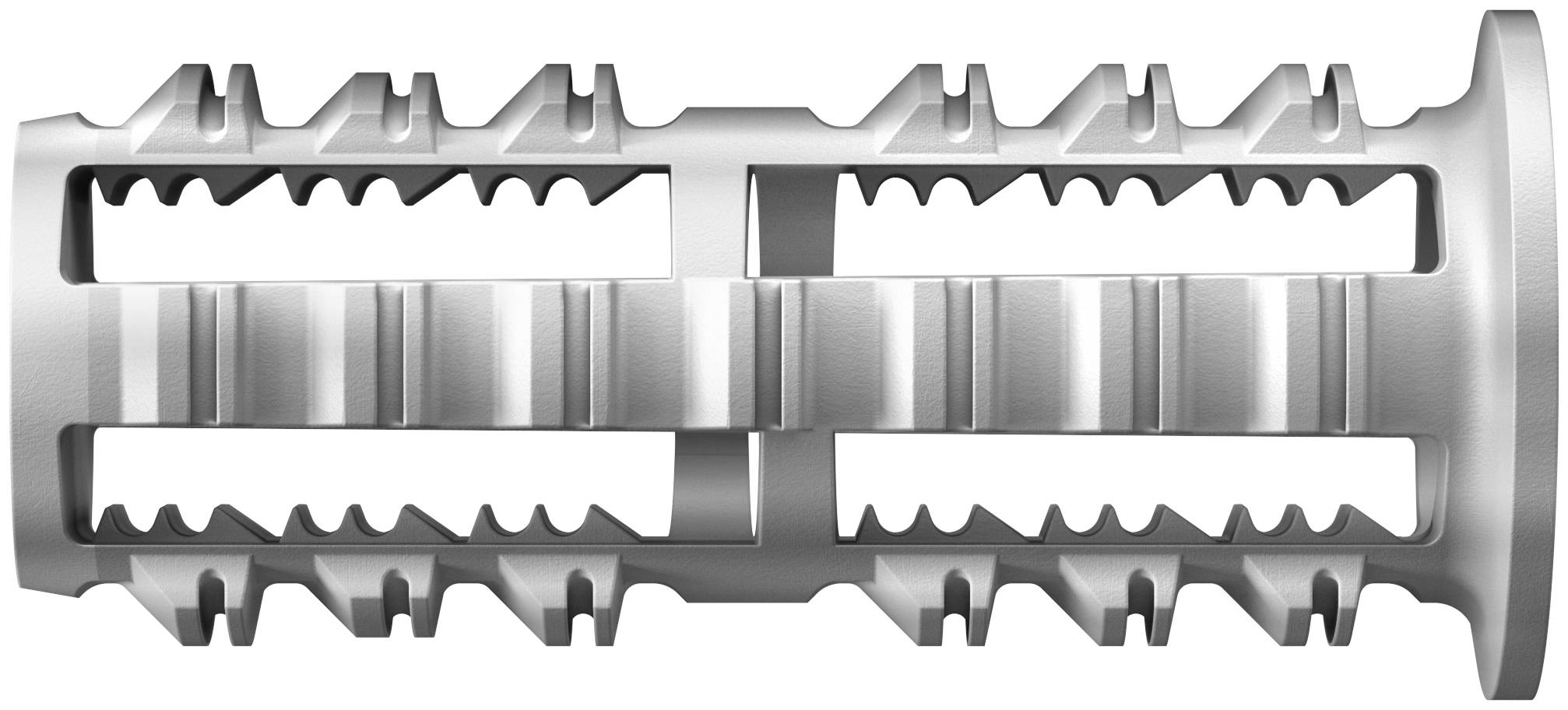 Silber-Metallgewinderohrkupplung mit inneren Zahnreihen, dargestellt in Seitenansicht auf weißem Hintergrund.