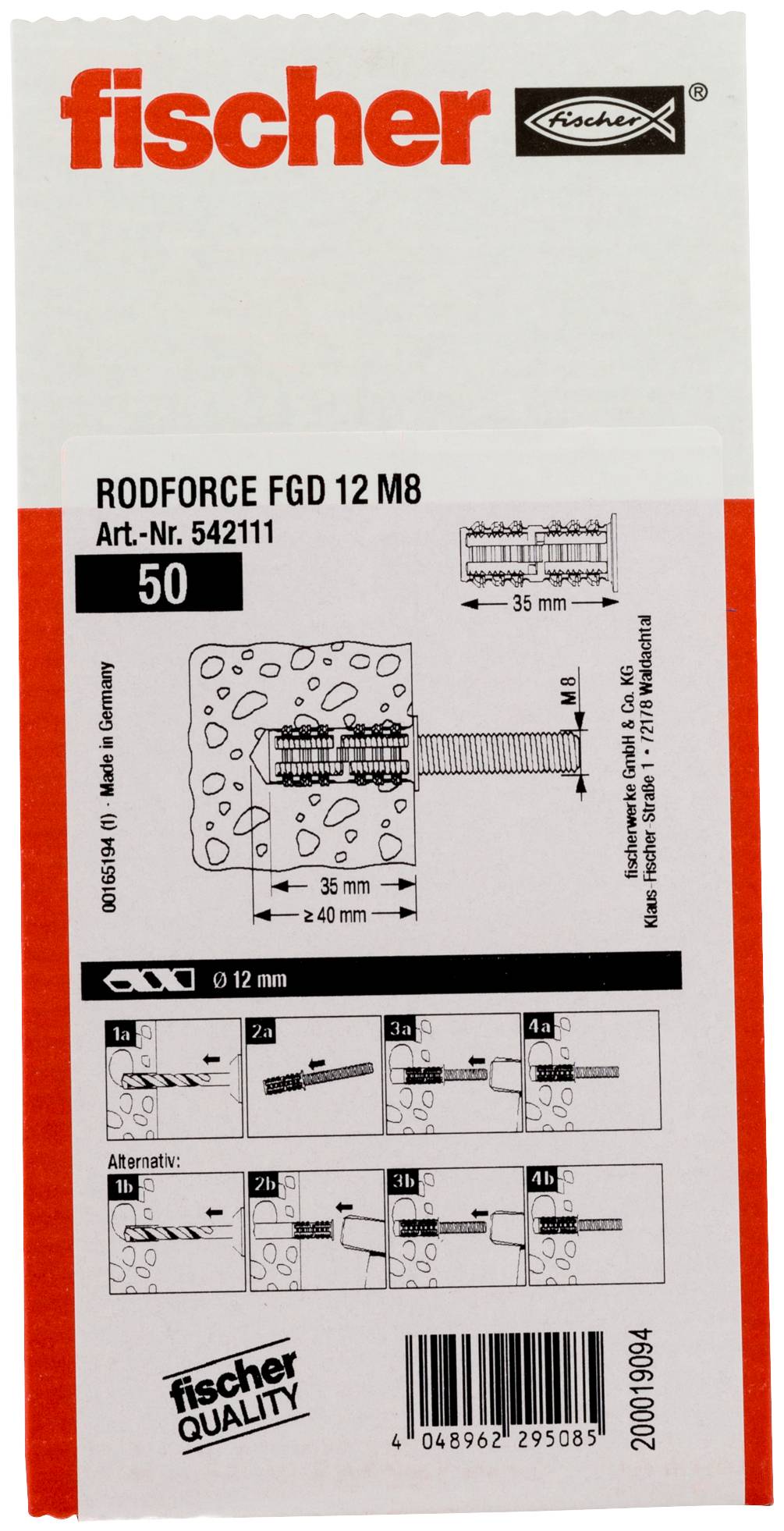 Fischer RODFORCE FGD 12 M8 Dübel Verpackung, zeigt eine 12 mm Befestigung mit Installationsdiagramm und Abmessungen für die Verwendung in Mauerwerk.