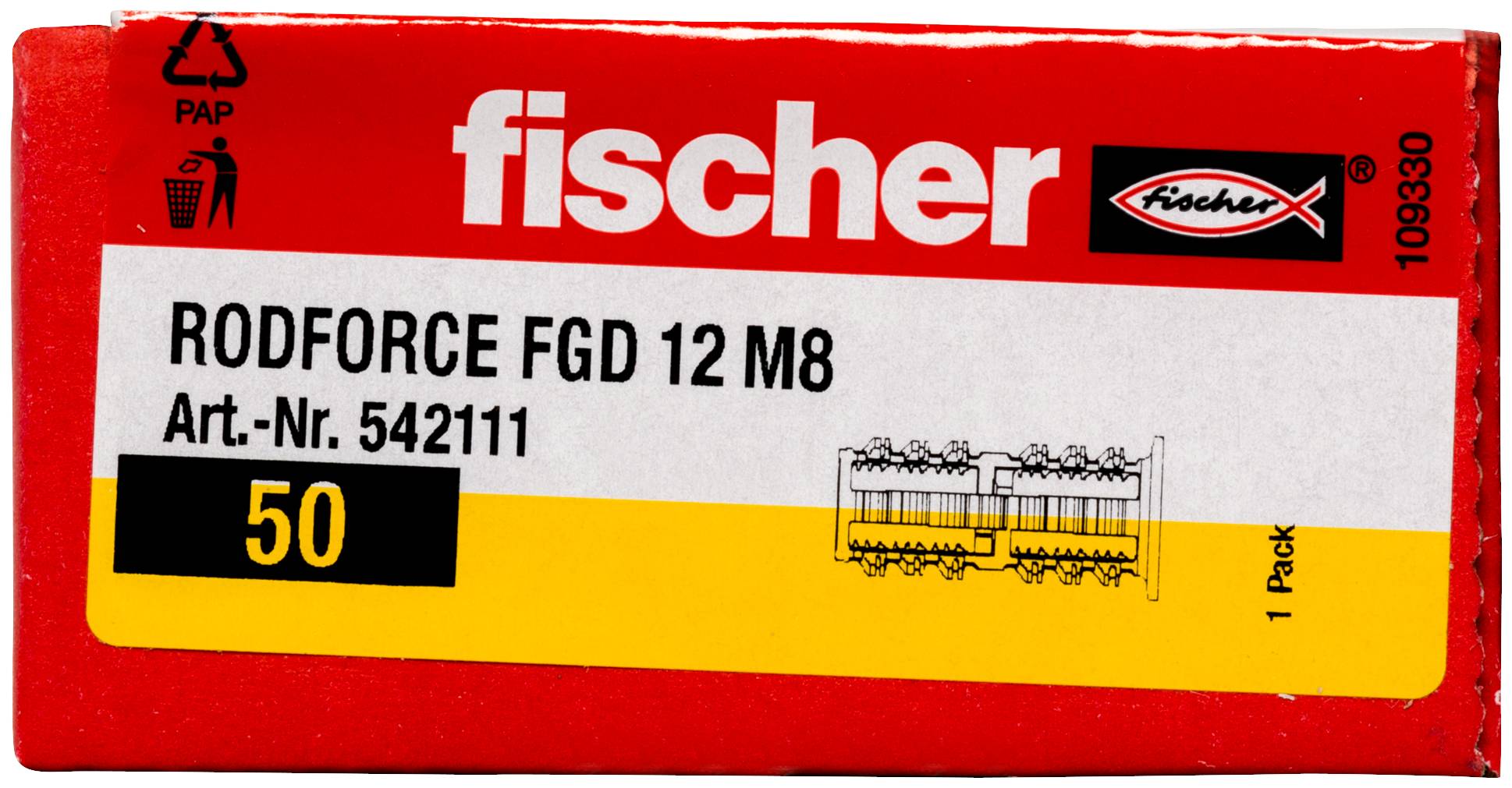 Paketaufkleber für Fischer 'RODFORCE FGD 12 M8' Anker, zeigt Artikelnummer 542111 und Menge 50.