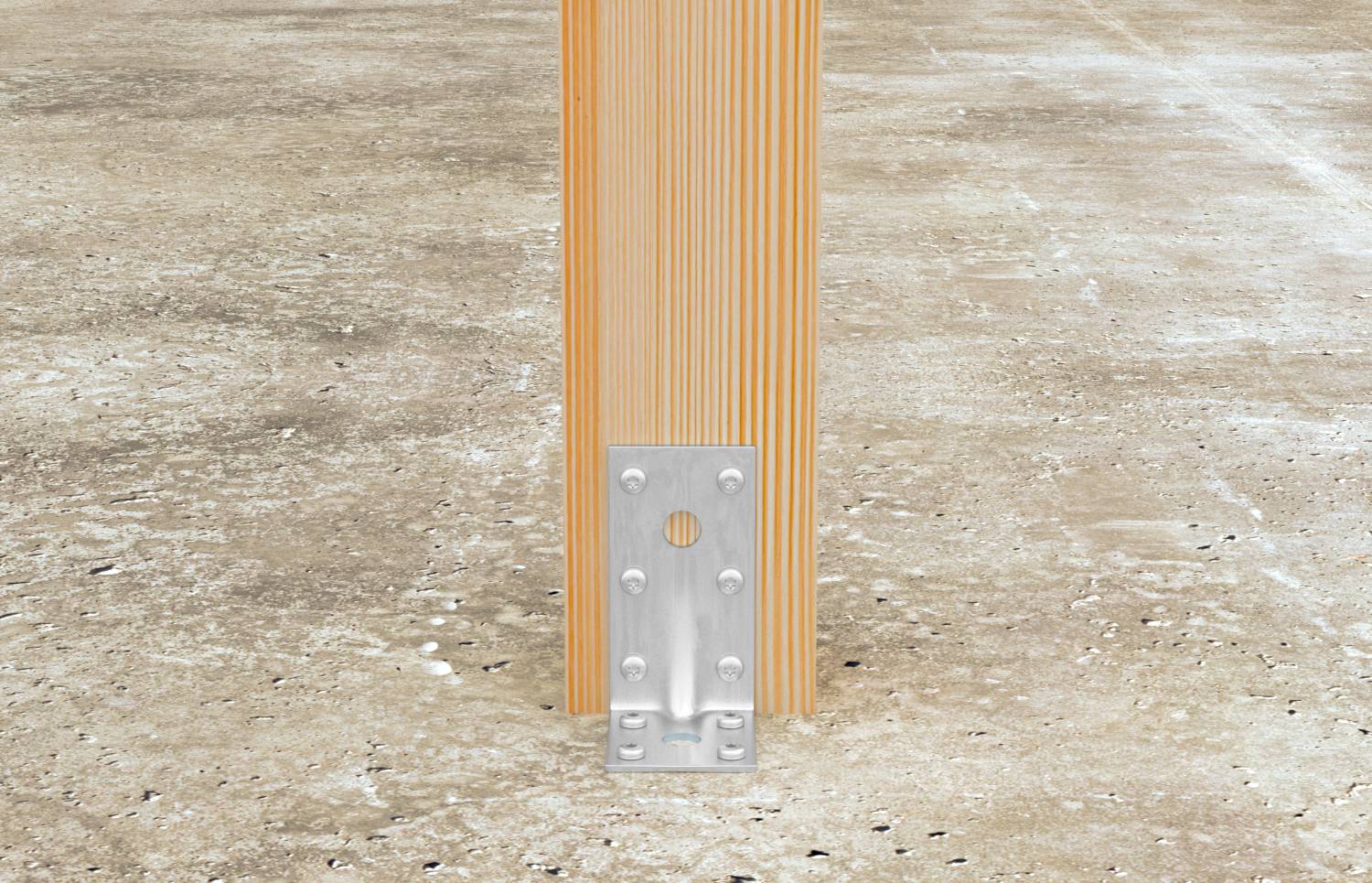 Vertikales orange-gestreiftes Sperrschutzpanel, das mit einer Metallbasierplatte und Bolzen auf einem Betonboden verankert ist.