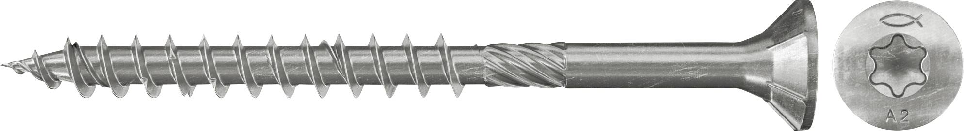 Eine silberne Senkkopfschraube, horizontal dargestellt, mit einem Torx-ähnlichen Sternantrieb und teilweise gewindeltem Schaft.
