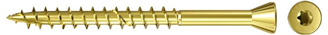 Goldfarben beschichtete Schraube mit sternförmigem Antriebskopf horizontal auf weißem Hintergrund dargestellt.