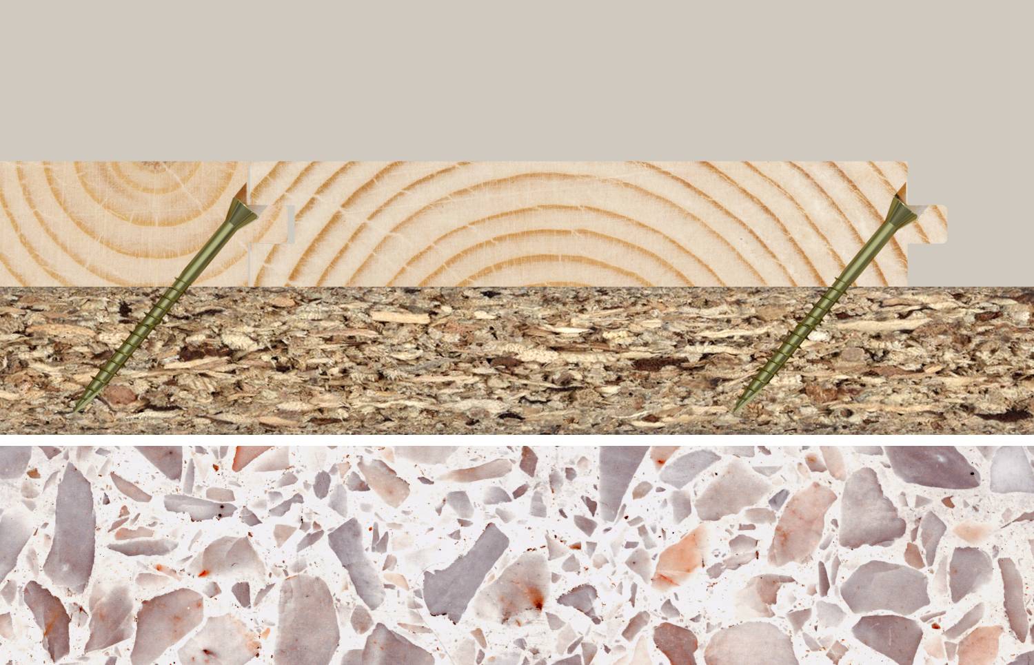 Drei horizontale Muster von Baumaterialien: helles Holzmaserung, raue korkähnliche Platte mit grünen Pfeilen und weiß-rosa gefleckter Terrazzo.
