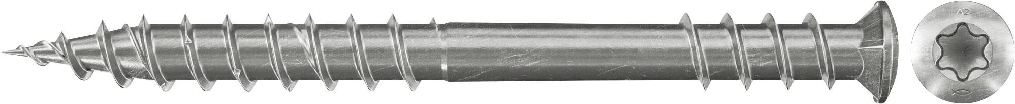 Eine Metallschraube mit einem gerundeten Kopf und einer sternförmigen Antriebsaussparung auf der rechten Seite, horizontal auf weißem Hintergrund dargestellt.