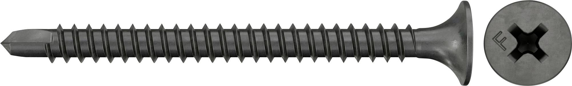 Eine schwarze Senkkopfschraube in Seitenansicht mit separater Draufsicht ihres Phillips-Antriebskopfes.
