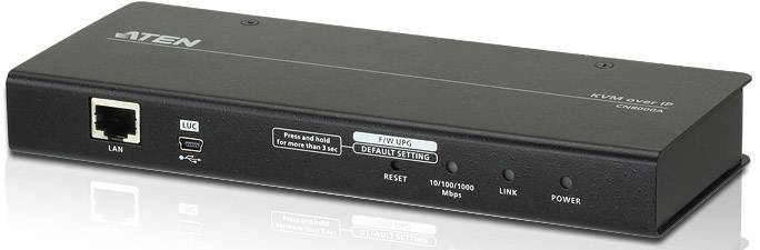 Schwarzes Netzwerkgerät mit LAN-Anschluss, USB-Port, Reset-Taste, und LED-Anzeigen für Status und Geschwindigkeit. Markenname oben links.