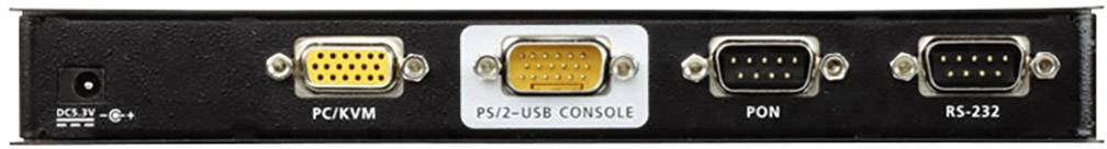 Anschlüsse auf einer schwarzen Geräteseite: PC/KVM, PS/2-USB-Konsole, PON, RS-232.