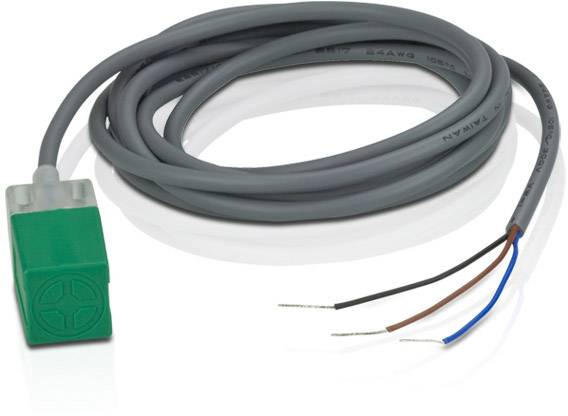 Ein grüner Induktivsensor mit einem langen grauen Kabel und drei herausragenden Drähten in den Farben braun, blau und schwarz.