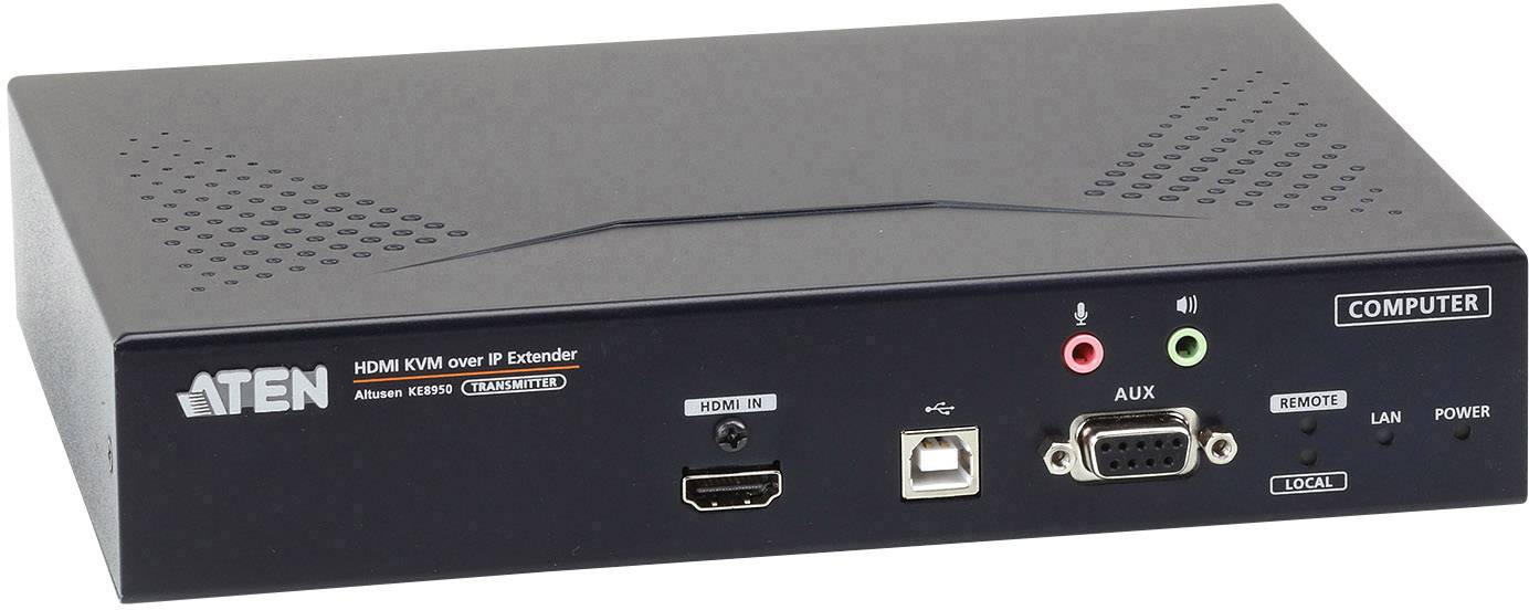 Ein schwarzer HDMI KVM over IP Extender mit Anschlüssen für HDMI, USB, AUX, LAN, Power und weiteren. Aufschrift: 'Aten HDMI KVM over IP Extender'.