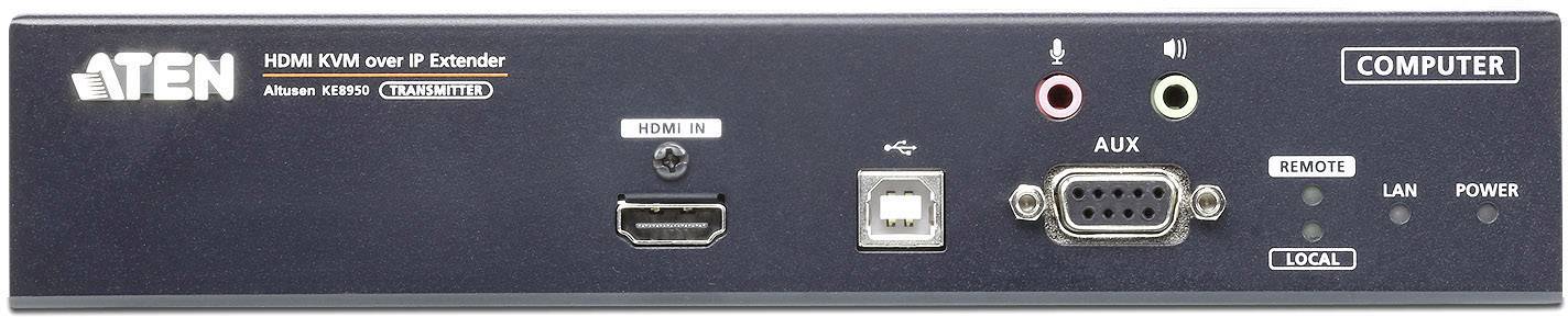 Gerät mit HDMI- und AUX-Anschluss, LAN-Port, Netzschalter und LEDs für 'Remote', 'LAN' und 'Power'. Beschriftet mit 'COMPUTER'.