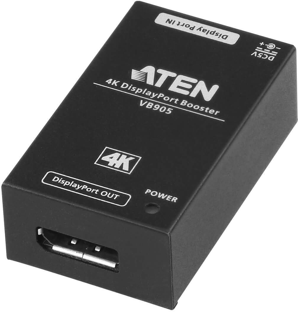 Schwarzes ATEN 4K DisplayPort Booster, Modell VB905, mit Anschlüssen für DisplayPort IN und OUT. Fördert die Signalstärke.