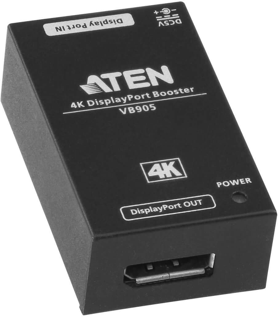 Schwarzer ATEN 4K DisplayPort Booster (Modell VB905) mit Anschlüssen für DisplayPort 'IN' und 'OUT', unterstützt 4K Videoauflösung.
