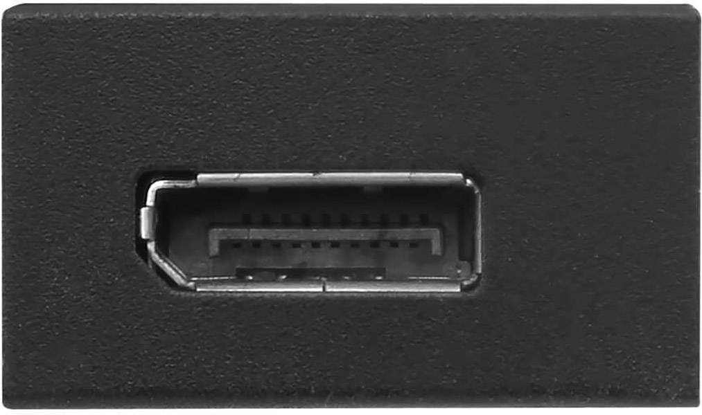 Ein schwarzer DisplayPort-Anschluss mit rechteckiger Form und kleinen Kontaktstiften innen.