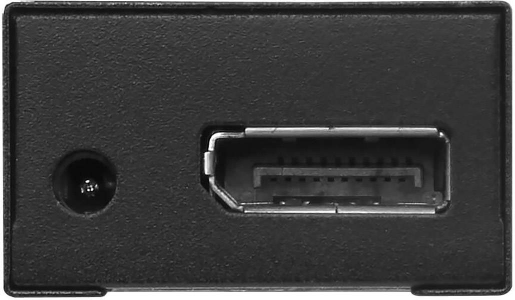 Ein schwarzer Geräteanschluss zeigt eine Buchse für ein Netzteil (links) und eine HDMI-Schnittstelle (rechts) für audiovisuelle Verbindungen.
