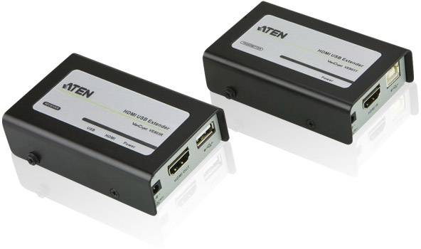 Zwei schwarze HDMI USB Extender von ATEN, Modell 1920x1200. Links mit Ports für USB und HDMI, rechts mit Netzwerkanschluss.