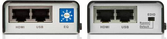 Zwei elektronische Anschlüsse: Links mit HDMI, USB und EQ-Regler (Position 3); Rechts mit HDMI, USB und EDID-Schalter (Bypass/Default).