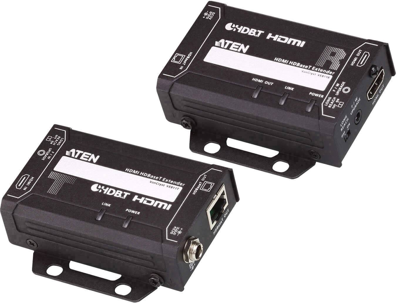 Zwei schwarze HDMI-Extender mit Anschlüssen, einer gekennzeichnet mit 'R' und der andere mit 'T', von der Marke ATEN.