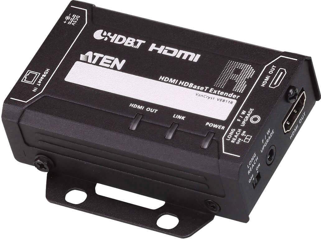 Ein HDMI-HDBaseT-Extender, Modell VE181R, von ATEN zur Verlängerung von HDMI-Signalen über lange Distanzen. Schwarz mit Anschlussbuchsen.