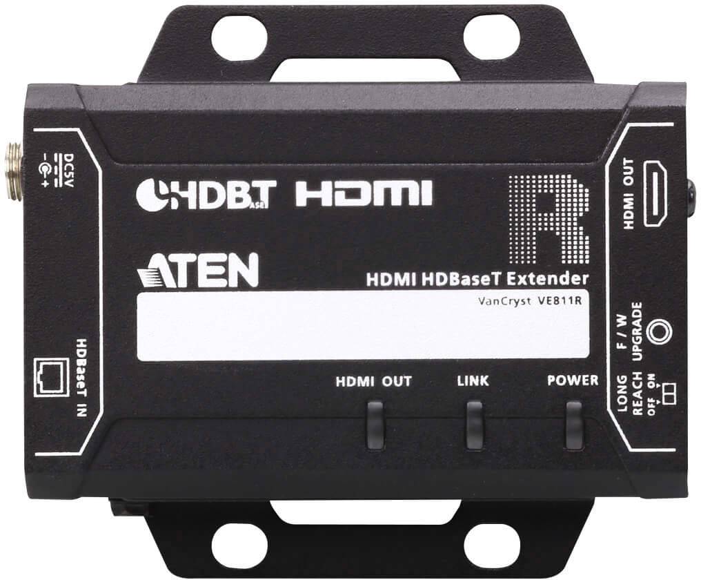 'ATEN HDMI HDBaseT Extender', ein Gerät mit HDMI-, Link- und Power-LED-Anzeigen, HDMI-Ein- und Ausgängen, geeignet für Videoübertragung.