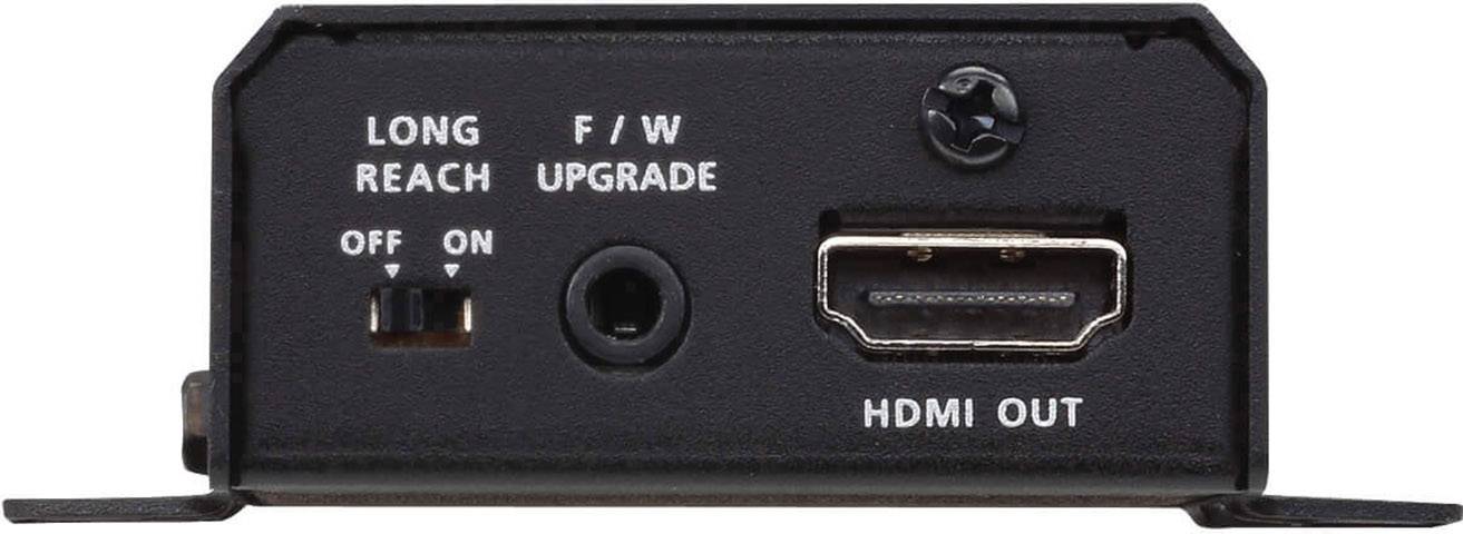 Rückseite eines schwarzen Geräts mit HDMI-Ausgang, Schalter für 'Long Reach' mit Positionen 'Off' und 'On' sowie F/W-Upgrade-Anschluss.