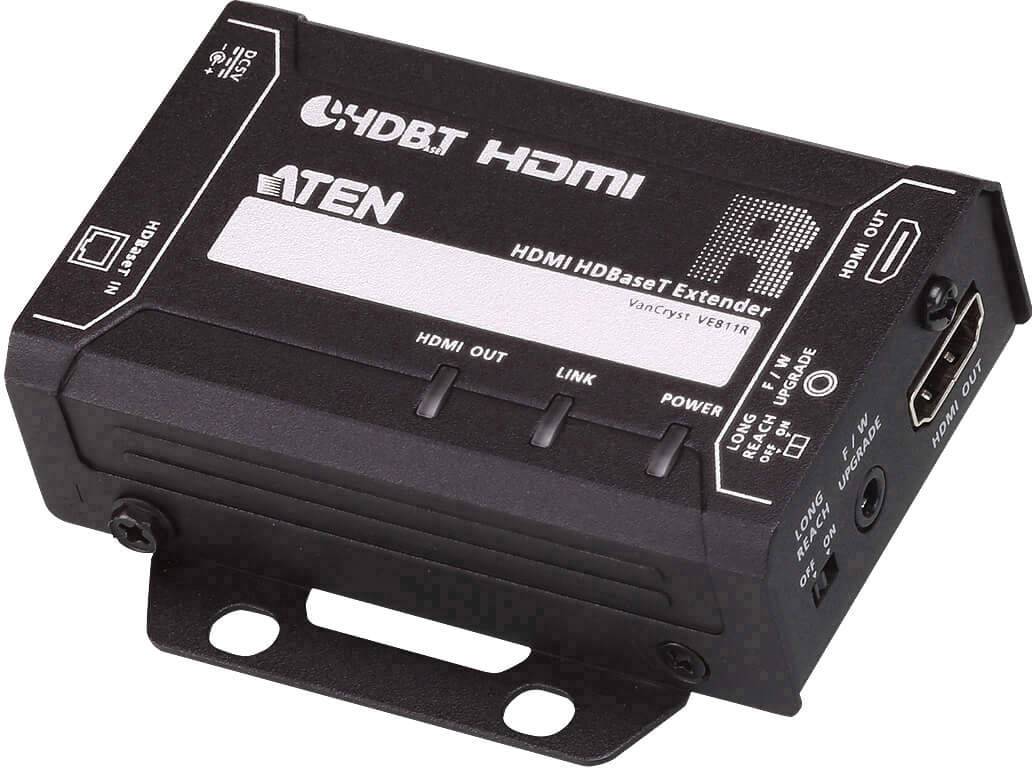 Schwarzer HDMI-Verlängerer mit mehreren Anschlüssen und Anzeigen für HDMI, Link und Power. Markenlogo und Modellnummer sichtbar.