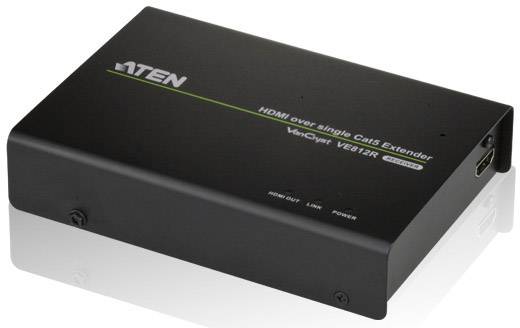 Ein schwarzes HDMI über Cat5 Extender. Beschriftet mit 'ATEN', 'HDMI over single Cat5 Extender', Modellnummer VE812R.