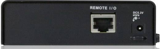 Nahaufnahme der Rückseite eines Geräts mit Remote-I/O-Port, Stromanschluss und Schalter. Wichtige Anschlüsse für Konnektivität.