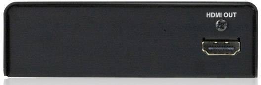 Das Bild zeigt die Rückseite eines Geräts mit einem HDMI-Ausgangsanschluss, gekennzeichnet mit 'HDMI OUT', auf einer schwarzen Oberfläche.