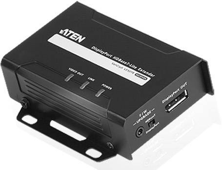 Ein schwarzer HDMI Extender mit Beschriftungen für 'Video Out', 'HDBASE-T IN', 'HDMI' und Netzwerkanschluss auf der Vorderseite.