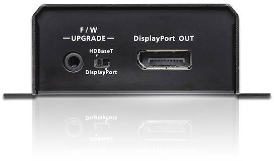 Rückseite eines Geräts mit 'DisplayPort OUT' Anschluss und 'F/W UPGRADE' Port, geeignet für HDBaseT Verbindungen.