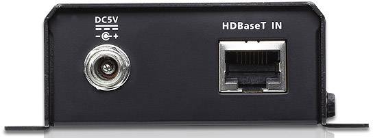 Ein schwarze Box mit DC5V-Anschluss links und HDBaseT-Eingang rechts, wahrscheinlich ein elektronisches Gerät für Netzwerkanwendungen.