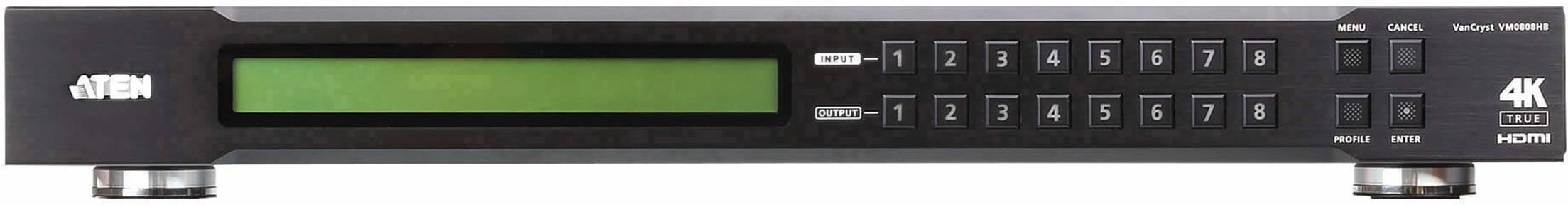 Ein HDMI Switch mit einem digitalen Display und numerischen Tasten zur Auswahl von acht verschiedenen Eingangsquellen für 4K-Video.