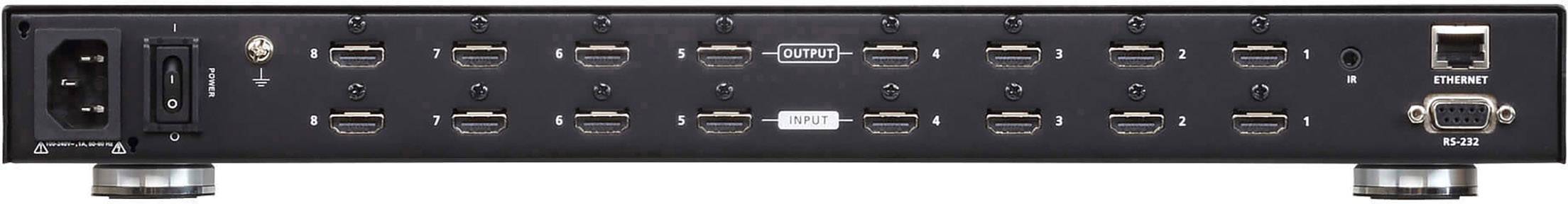 Rückseite eines Netzwerkgeräts mit mehreren HDMI-Anschlüssen, Stromanschluss, Ethernet-Port und serieller Schnittstelle.